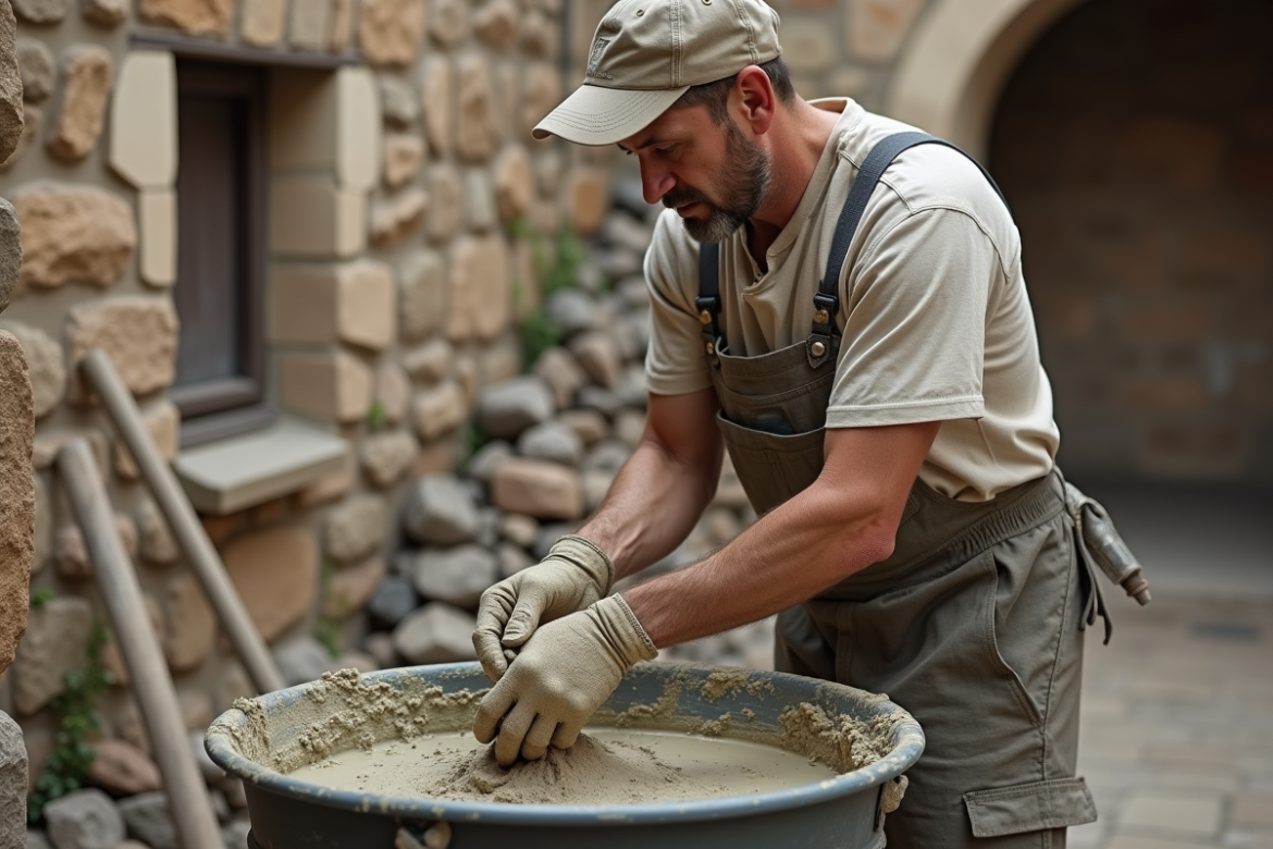 Maçon d'âge moyen mélangeant mortier dans une cour rustique