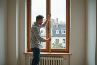 Homme mesurant une fenêtre dans un appartement rénové