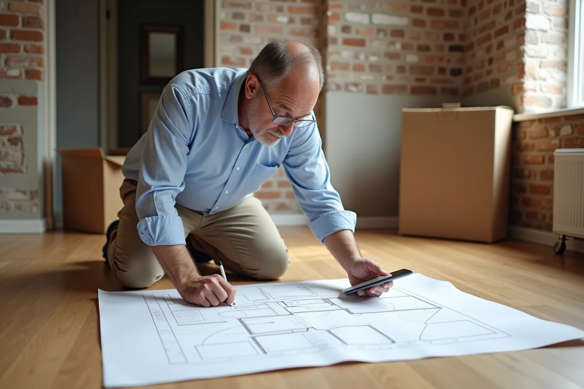 Homme mesurant un plan au sol dans un appartement rénové