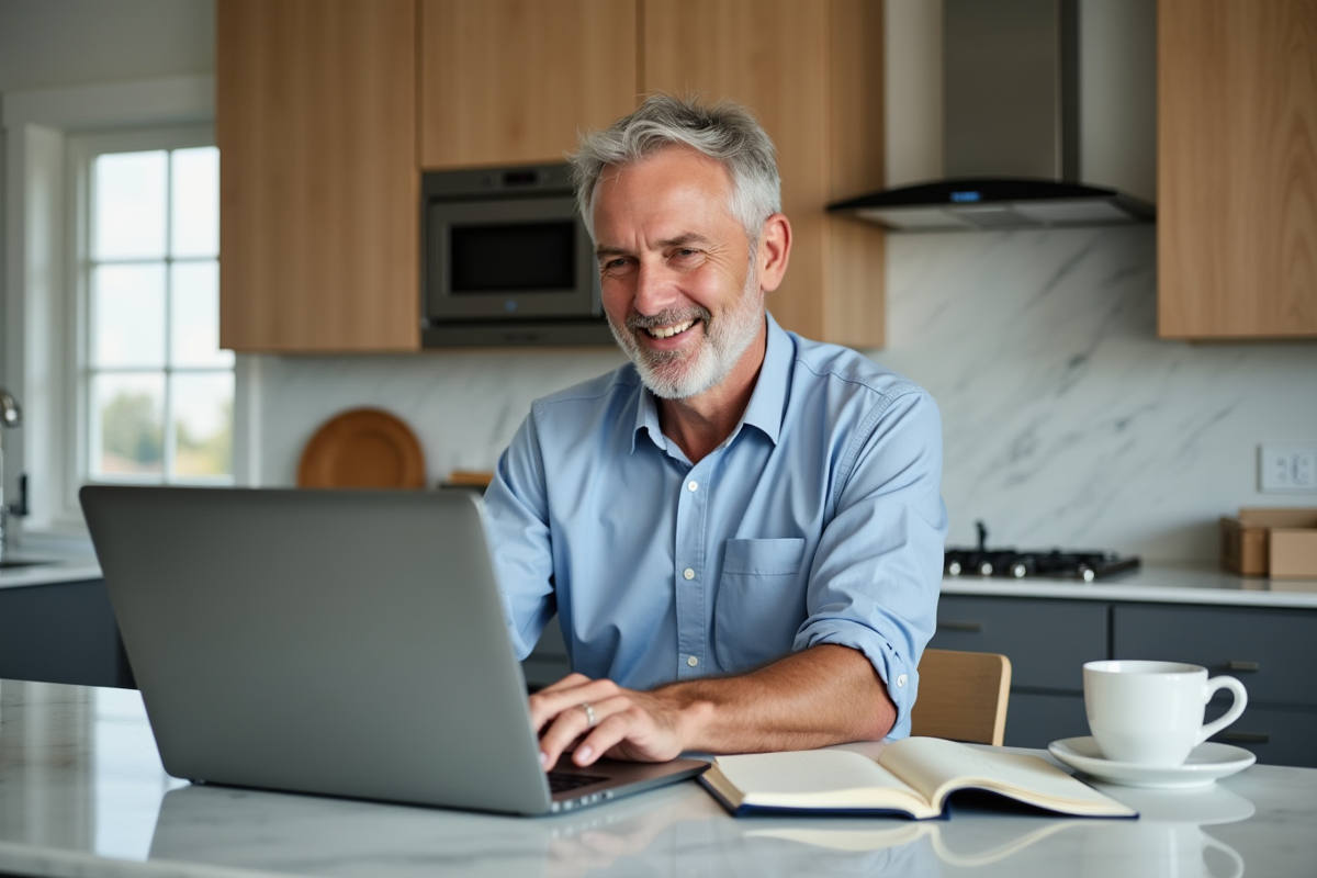 Homme mettant à jour son adresse sur un ordinateur portable dans la cuisine