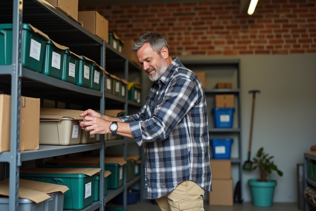 Homme organise des bacs de rangement dans son garage