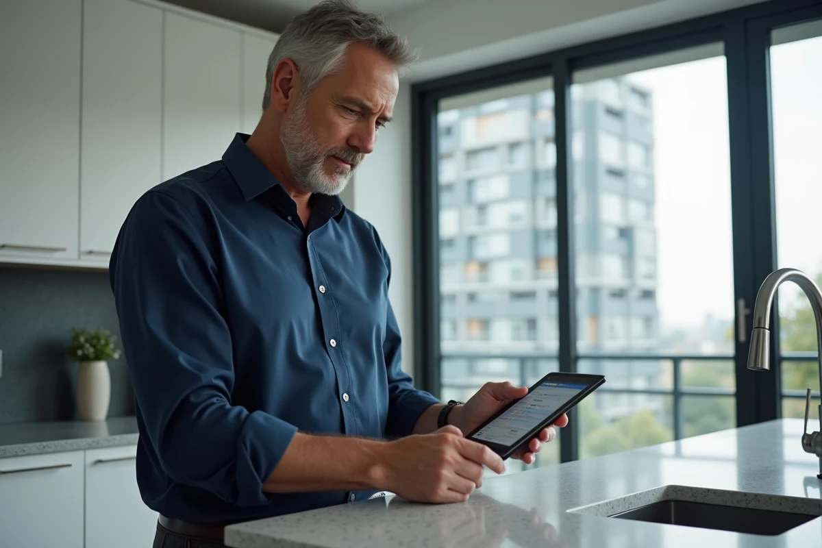 Homme consultant les paramètres de son espace MyFoncia Compte Copropriété sur une tablette dans une cuisine moderne