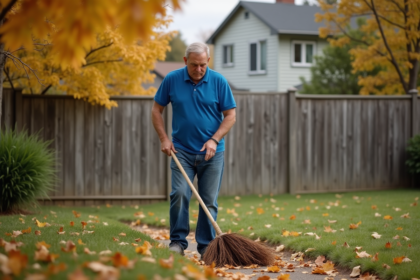 Homme d'âge moyen ratisse des feuilles d'automne dans une maison de banlieue