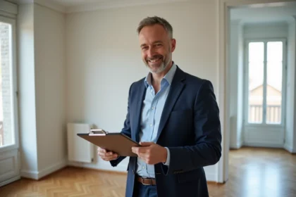 Homme d age en blazer bleu examine documents de location
