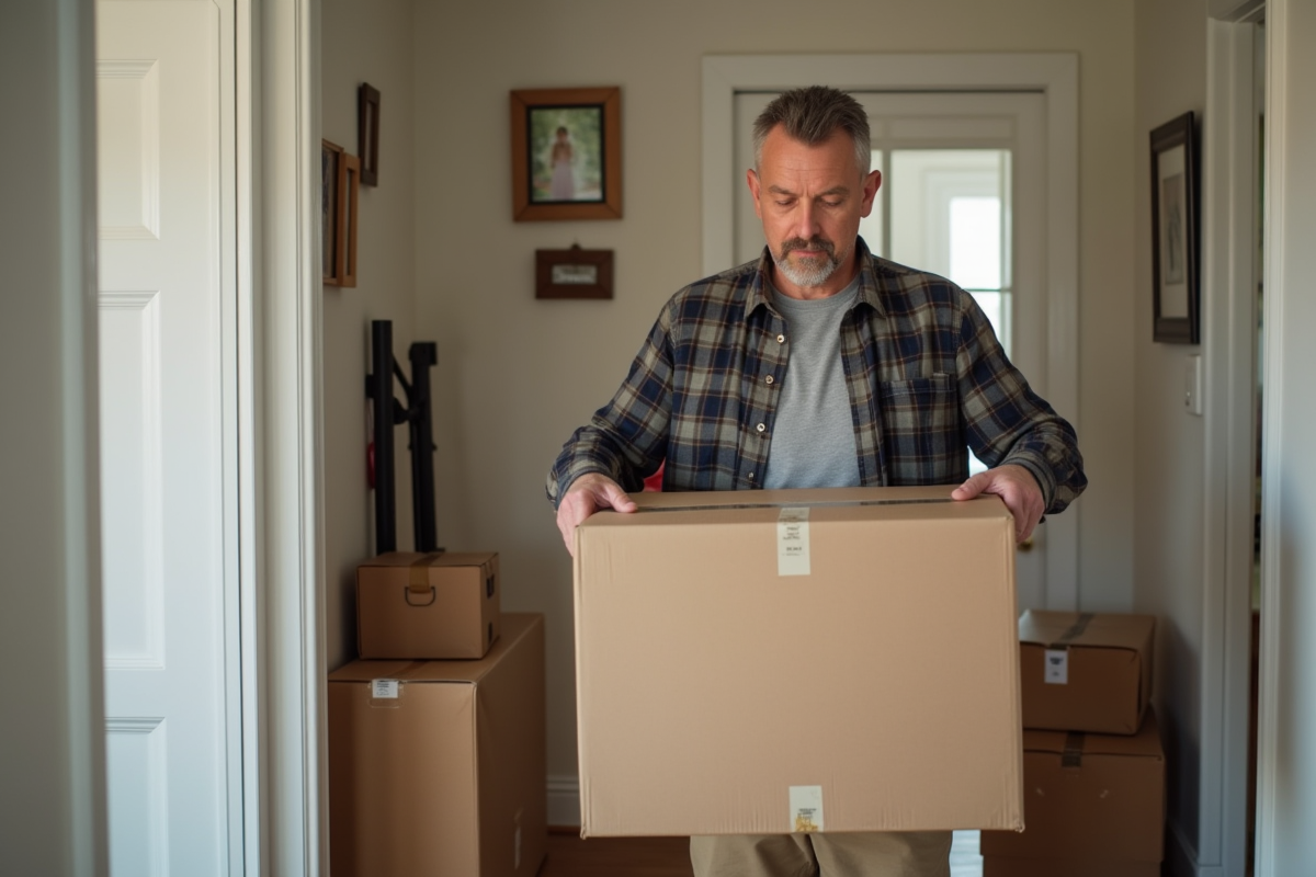 Homme scellant une grande boîte avec du ruban adhésif dans un couloir de déménagement