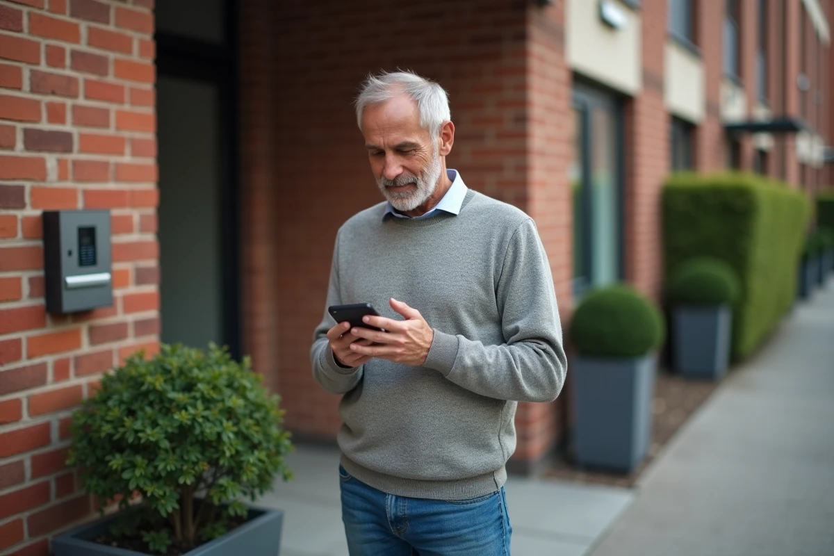 Homme dans la rue utilisant son smartphone devant un immeuble