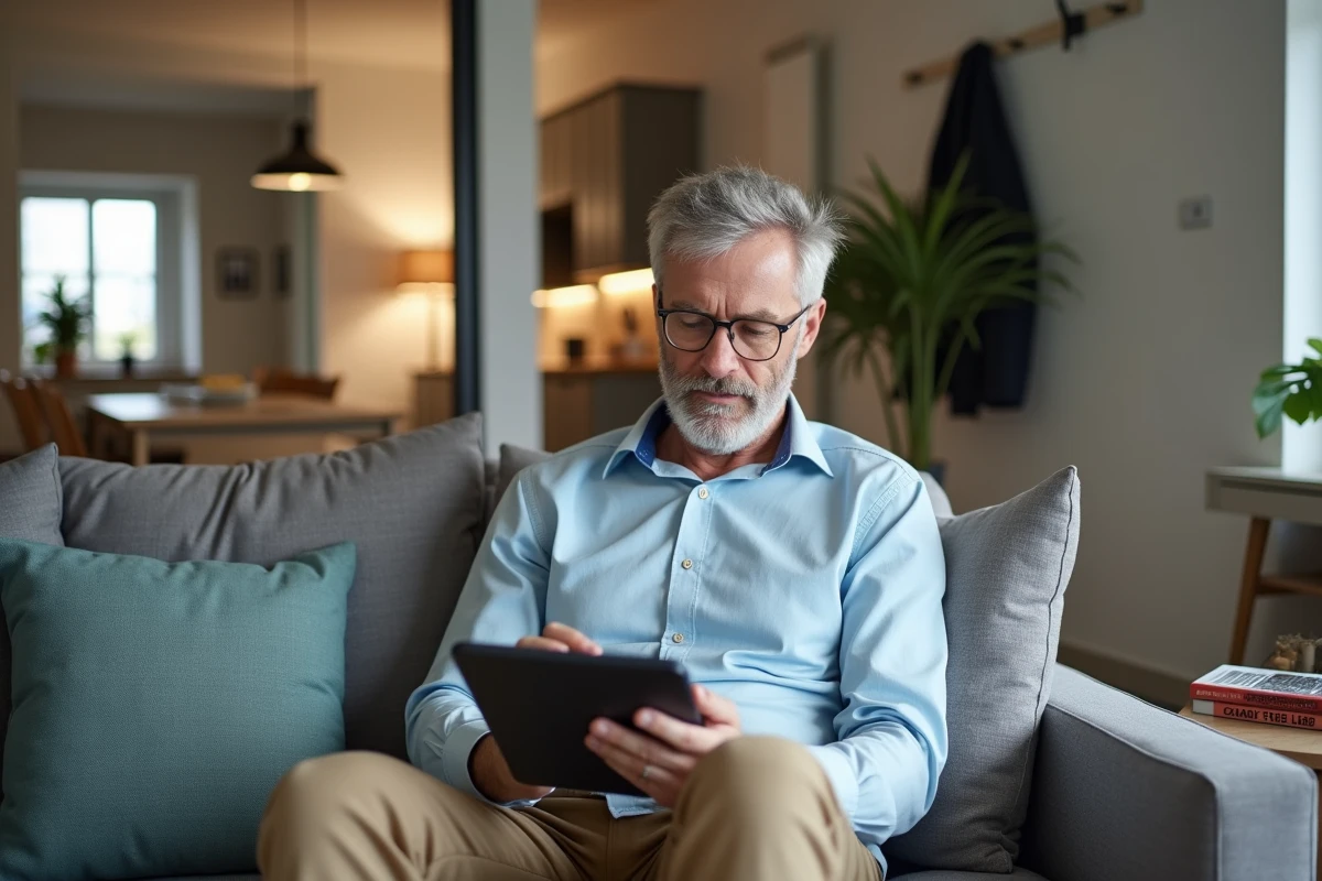 Homme âgé consultant une checklist sur une tablette dans le salon lumineux