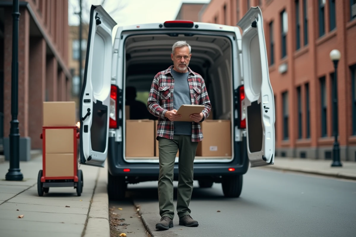 Homme controlant sa liste de demenagement devant une camionnette