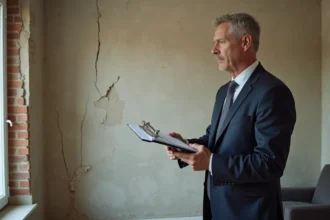 Huissier de justice inspectant des fissures murales avant travaux dans un appartement résidentiel