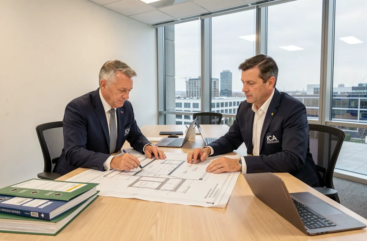 Deux ingénieurs d'ICA Ingénieurs Conseils Associés examinant des plans architecturaux et un rapport de diagnostic technique dans un bureau moderne