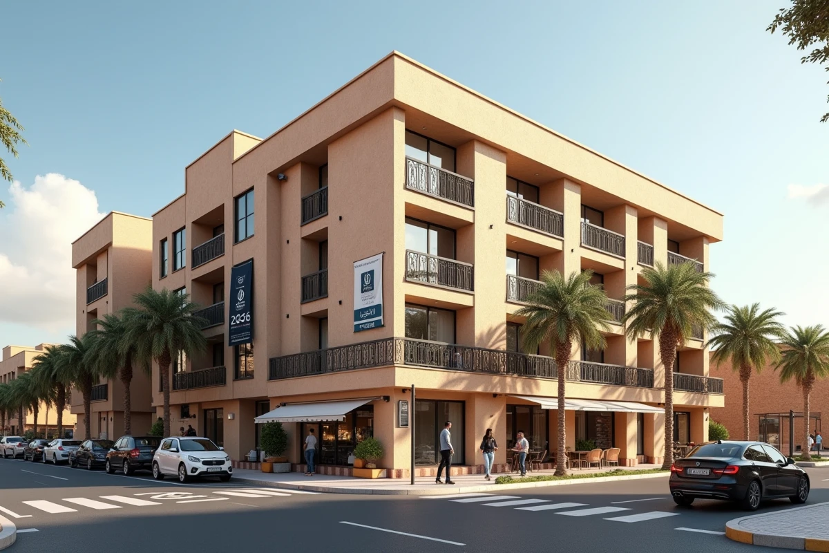 Immeuble résidentiel moderne en construction dans le quartier Guéliz de Marrakech avec bannière de vente immobilière 2026
