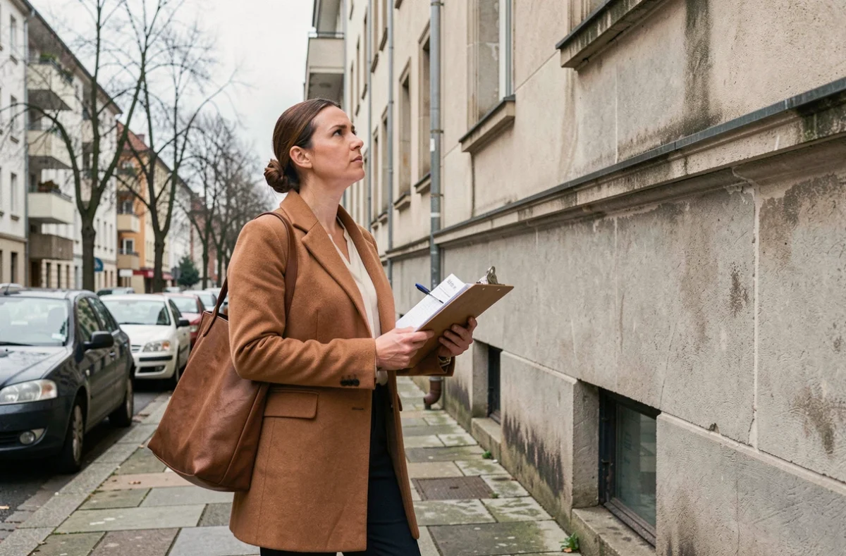 Conseillère en investissement locatif inspectant la façade d'un immeuble d'appartements en milieu urbain avec un carnet de notes