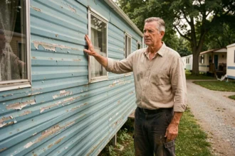 Homme inspectant un vieux mobil-home abîmé dans un parc résidentiel, hésitant entre rachat et démontage