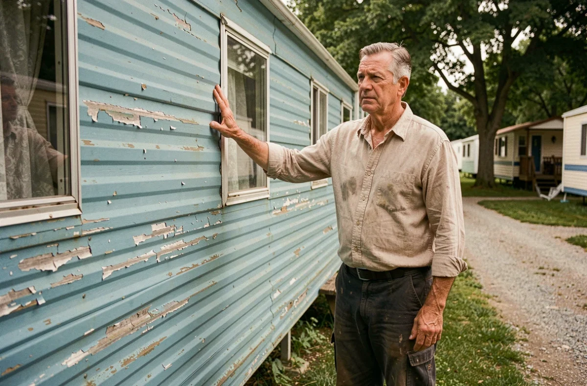 Homme inspectant un vieux mobil-home abîmé dans un parc résidentiel, hésitant entre rachat et démontage