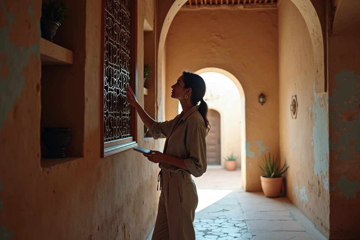 Femme inspectant les boiseries sculptées d'un riad à rénover à Marrakech lors d'une visite d'achat