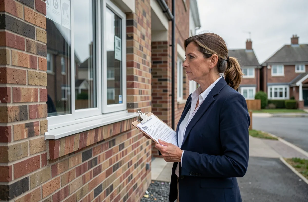 Inspectrice d'urbanisme contrôlant une extension résidentielle sans déclaration d'achèvement déposée