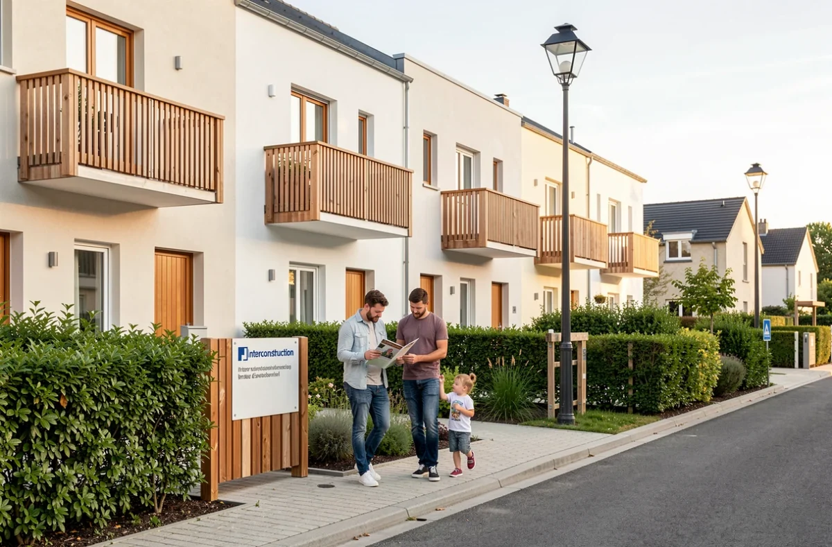 Résidence neuve Interconstruction en Centre-Val de Loire avec une famille découvrant les maisons de ville du programme