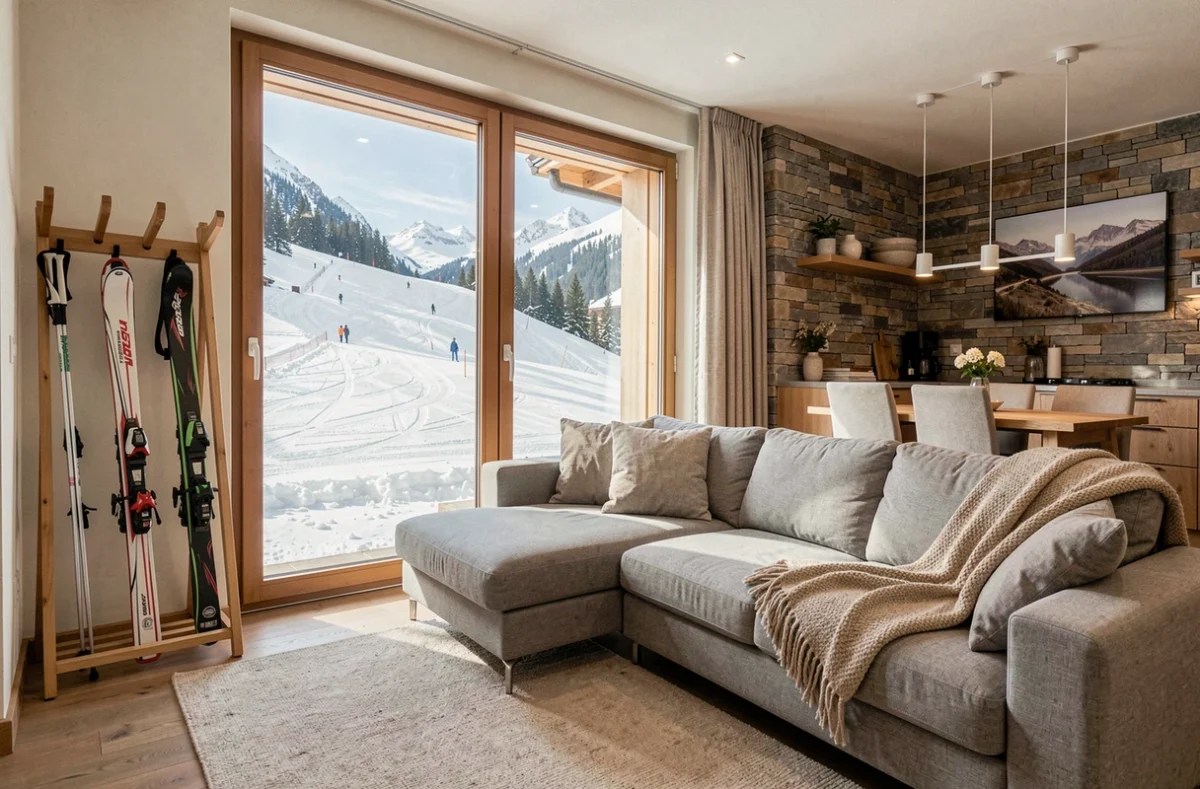 Intérieur d'un appartement de location La Croisette aux Menuires avec vue directe sur les pistes de ski depuis la fenêtre panoramique
