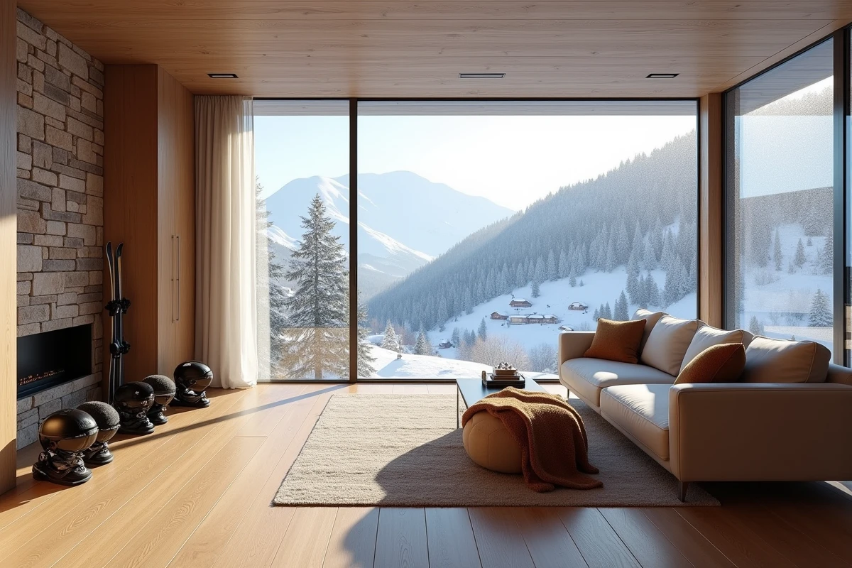 Intérieur moderne d'un appartement de ski en Andorre avec grande baie vitrée donnant sur une station de montagne enneigée