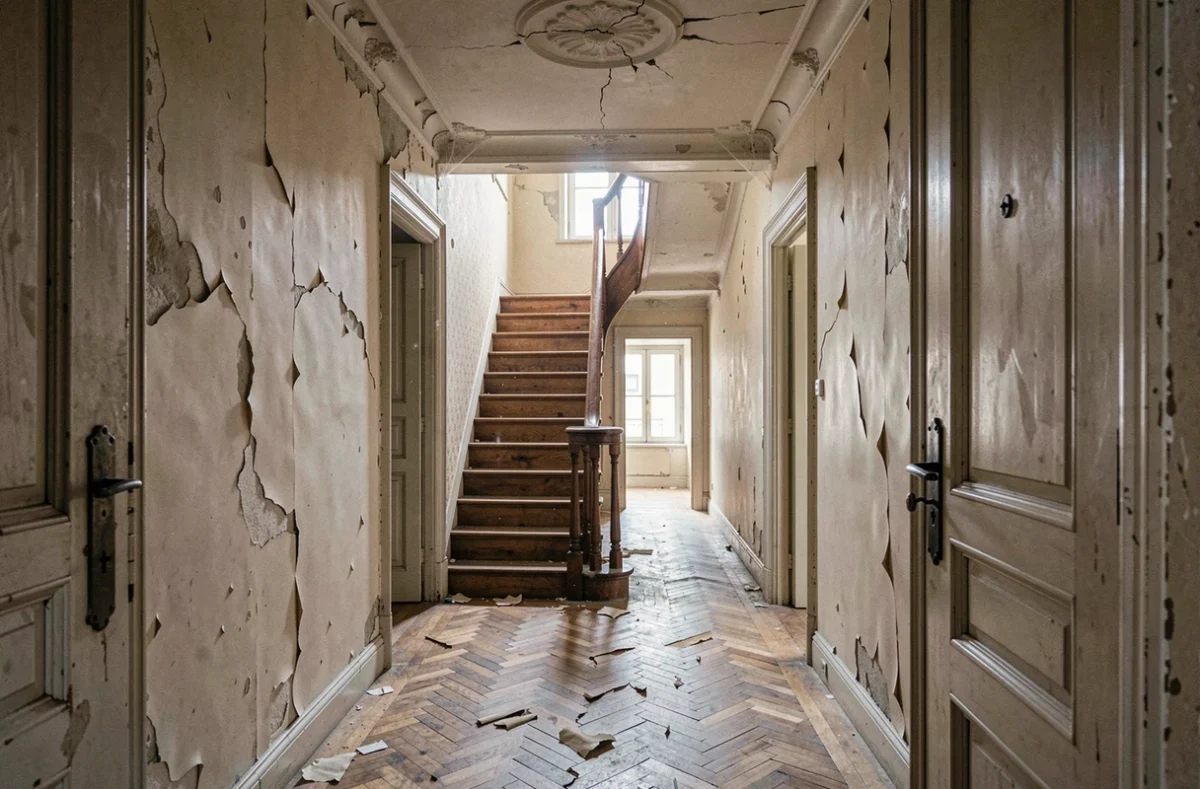 Intérieur délabré d'une maison abandonnée en Île-de-France, couloir avec parquet abîmé et escalier ancien, potentiel de rénovation