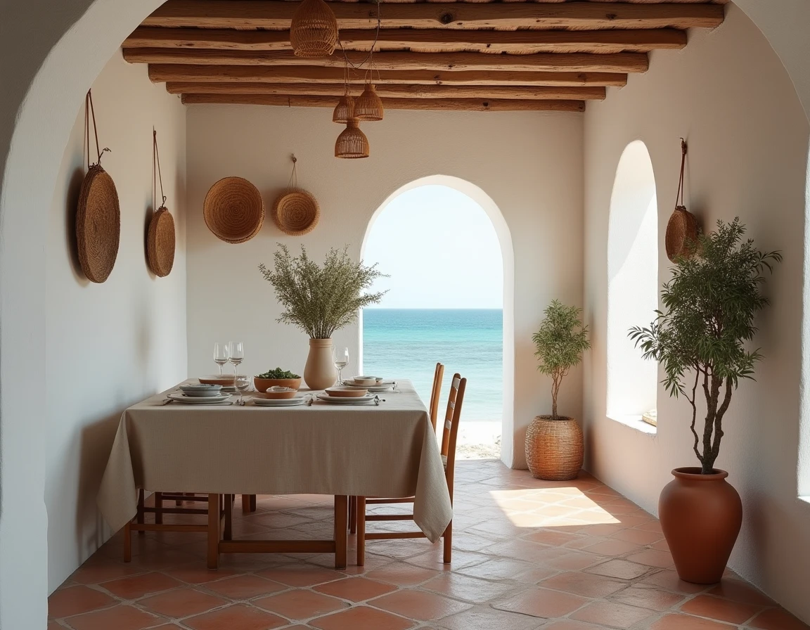 Intérieur authentique d'une maison de pêcheur rénovée en Méditerranée avec sol en tomettes, poutres apparentes et vue sur la mer