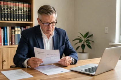 Investisseur immobilier analysant des documents de bail et des contrats de location sur un bureau en bois dans un bureau à domicile moderne