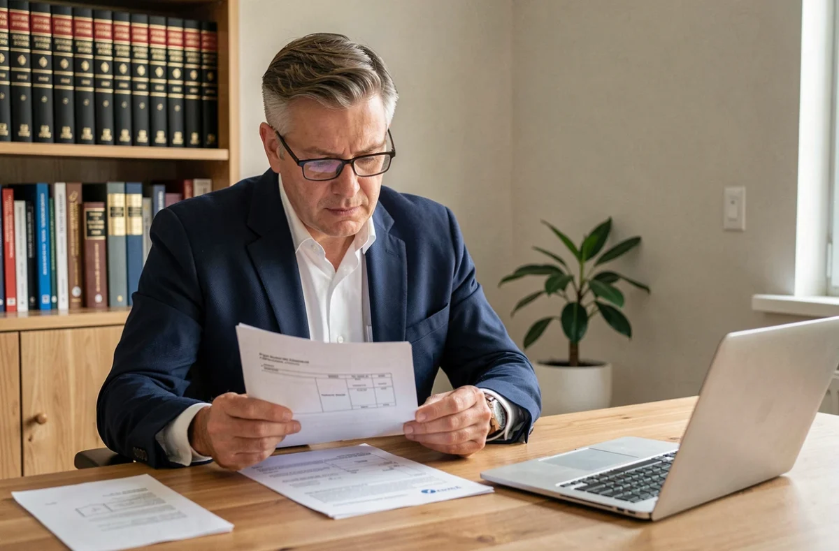 Investisseur immobilier analysant des documents de bail et des contrats de location sur un bureau en bois dans un bureau à domicile moderne