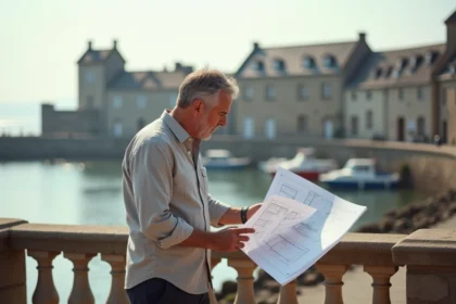 Investisseur immobilier analysant des plans d'appartement sur le front de mer de Concarneau avec la Ville Close en arrière-plan