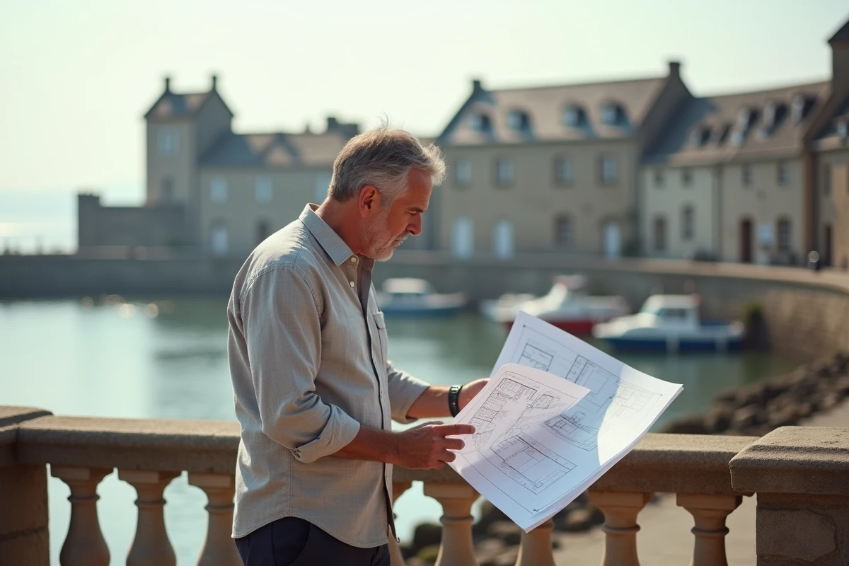 Investisseur immobilier analysant des plans d'appartement sur le front de mer de Concarneau avec la Ville Close en arrière-plan