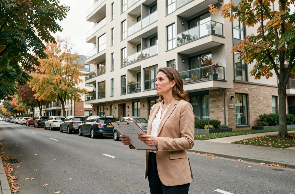 Investisseuse immobilière analysant un immeuble locatif moderne dans une rue résidentielle urbaine
