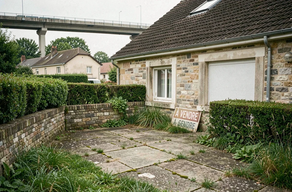 Jardin en friche et façade arrière d'une maison abandonnée à vendre en Île-de-France, proche d'une gare du Grand Paris Express