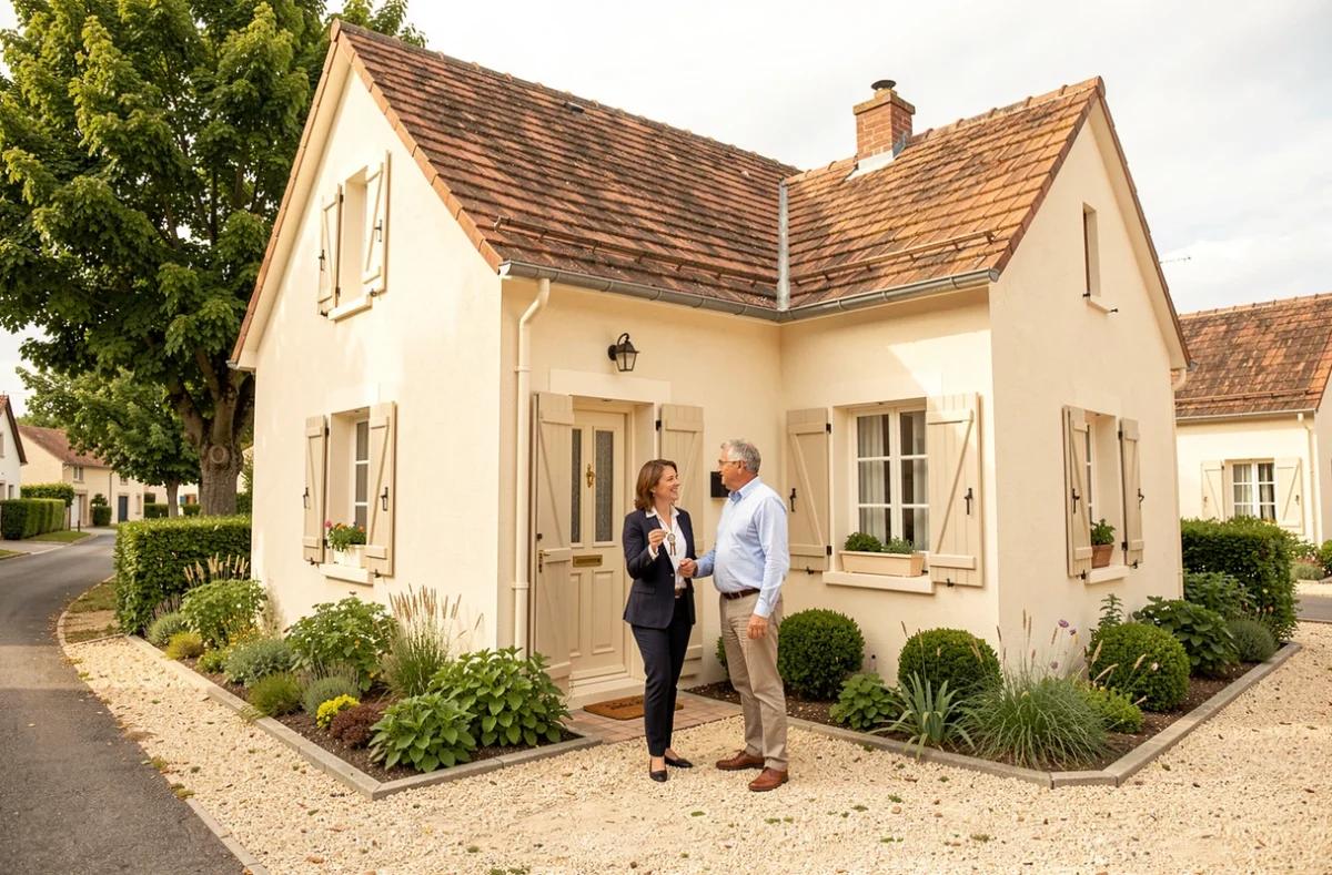 Maison individuelle neuve Jean Brun Promotion en Centre-Val de Loire avec couple de propriétaires devant leur nouvelle demeure