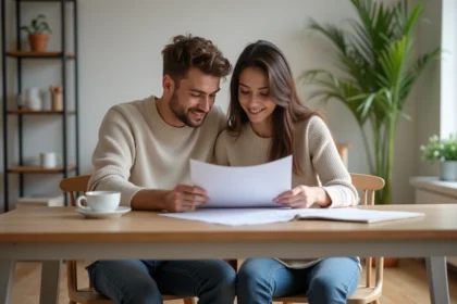 Jeune couple regardant des documents d'achat immobilier