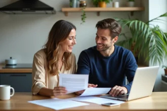 Jeune couple discutant de contrats d'assurance à la maison