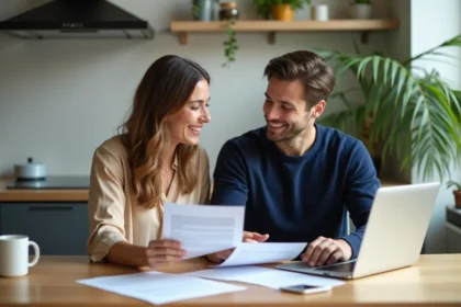 Jeune couple discutant de contrats d'assurance à la maison