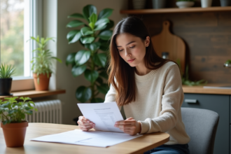 Jeune femme lisant un contrat de location dans une cuisine chaleureuse