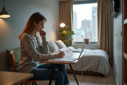 Jeune femme lisant un contrat de location dans un studio étudiant