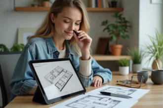 Jeune femme esquissant un plan d'intérieur sur une tablette