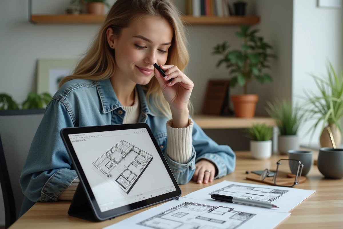 Jeune femme esquissant un plan d'intérieur sur une tablette