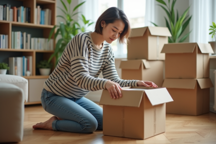 Jeune femme emballant des plats dans une boîte en carton dans un salon lumineux