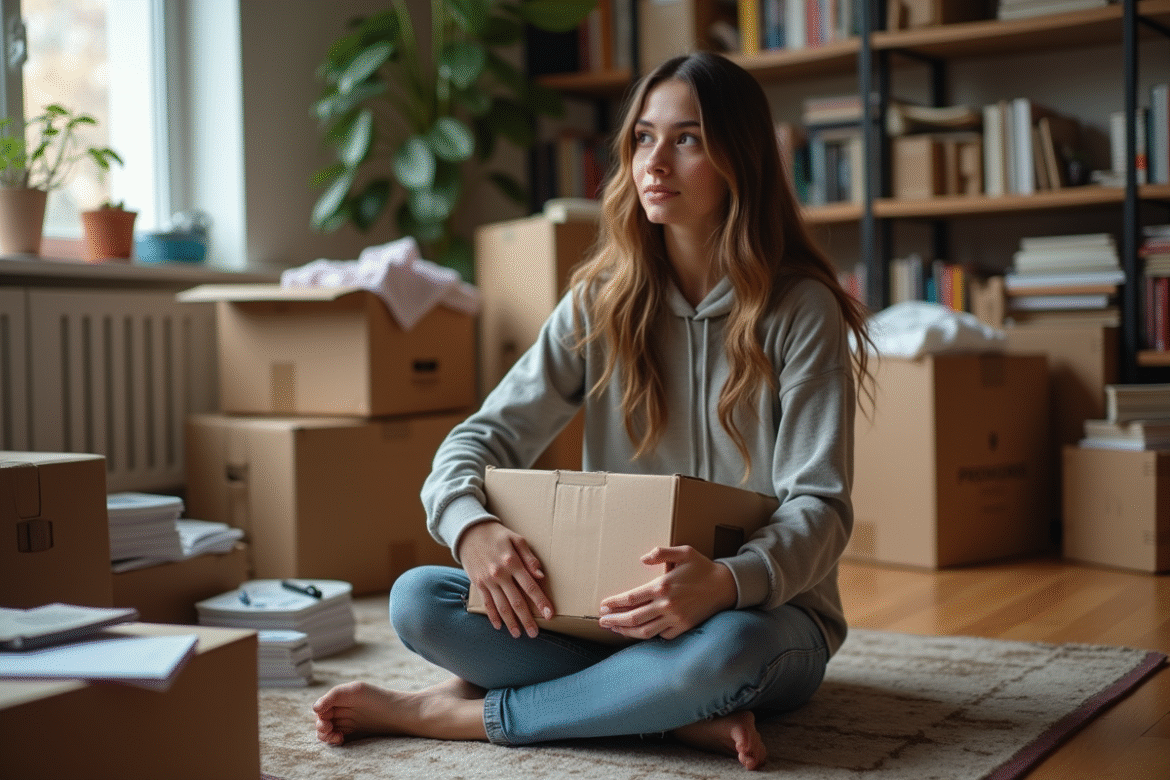 Jeune femme emballant des affaires dans des cartons dans un appartement
