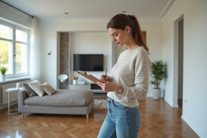 Jeune femme française inspectant un appartement