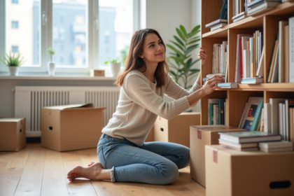 Jeune femme arrangeant des livres dans une nouvelle bibliothèque