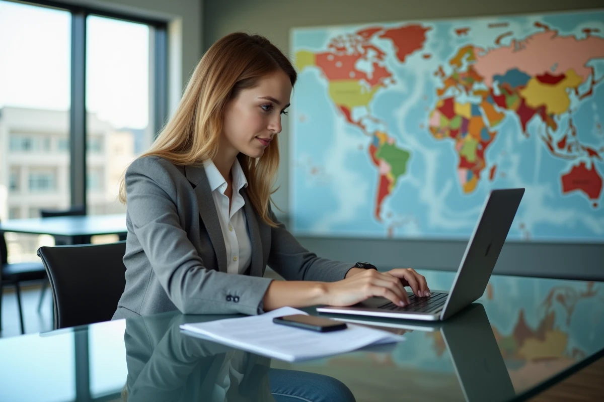 Jeune femme travaillant sur un ordinateur dans un bureau immobilier