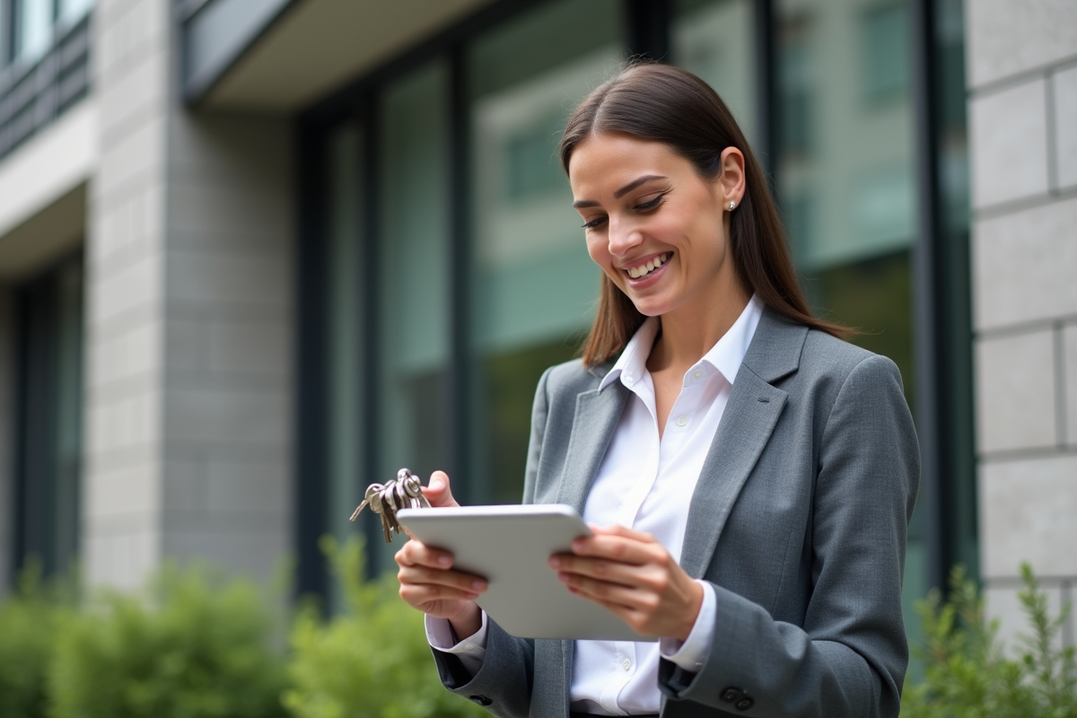 Jeune femme examinant clés et tablette devant immeuble