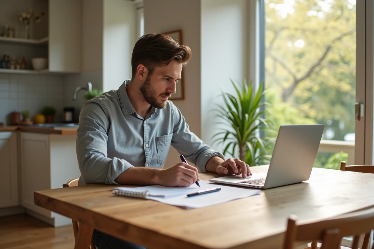 Jeune homme vérifiant un contrat dans la maison