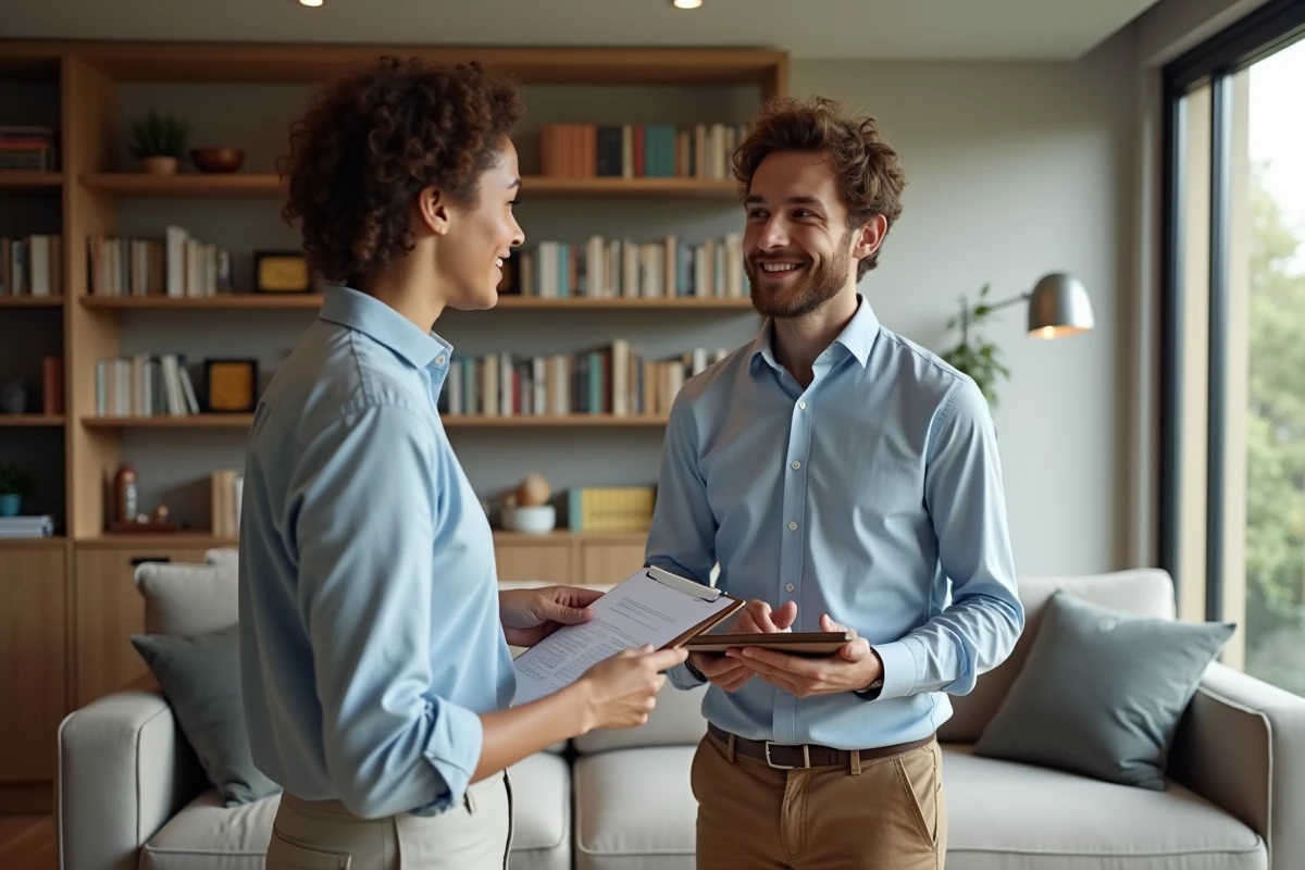 Jeune homme discutant avec un agent immobilier dans un appartement
