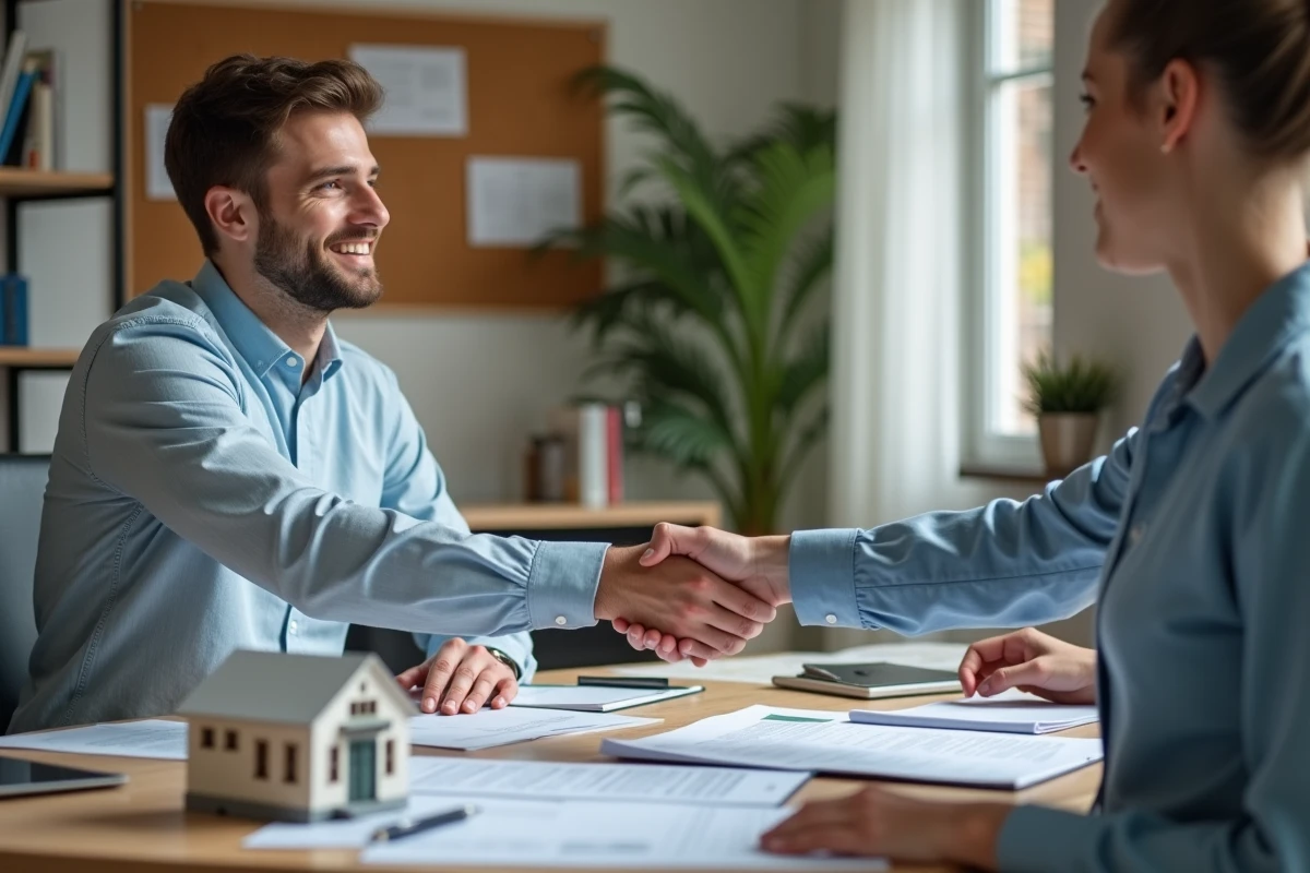 Jeune homme serre la main d un agent immobilier dans un bureau lumineux