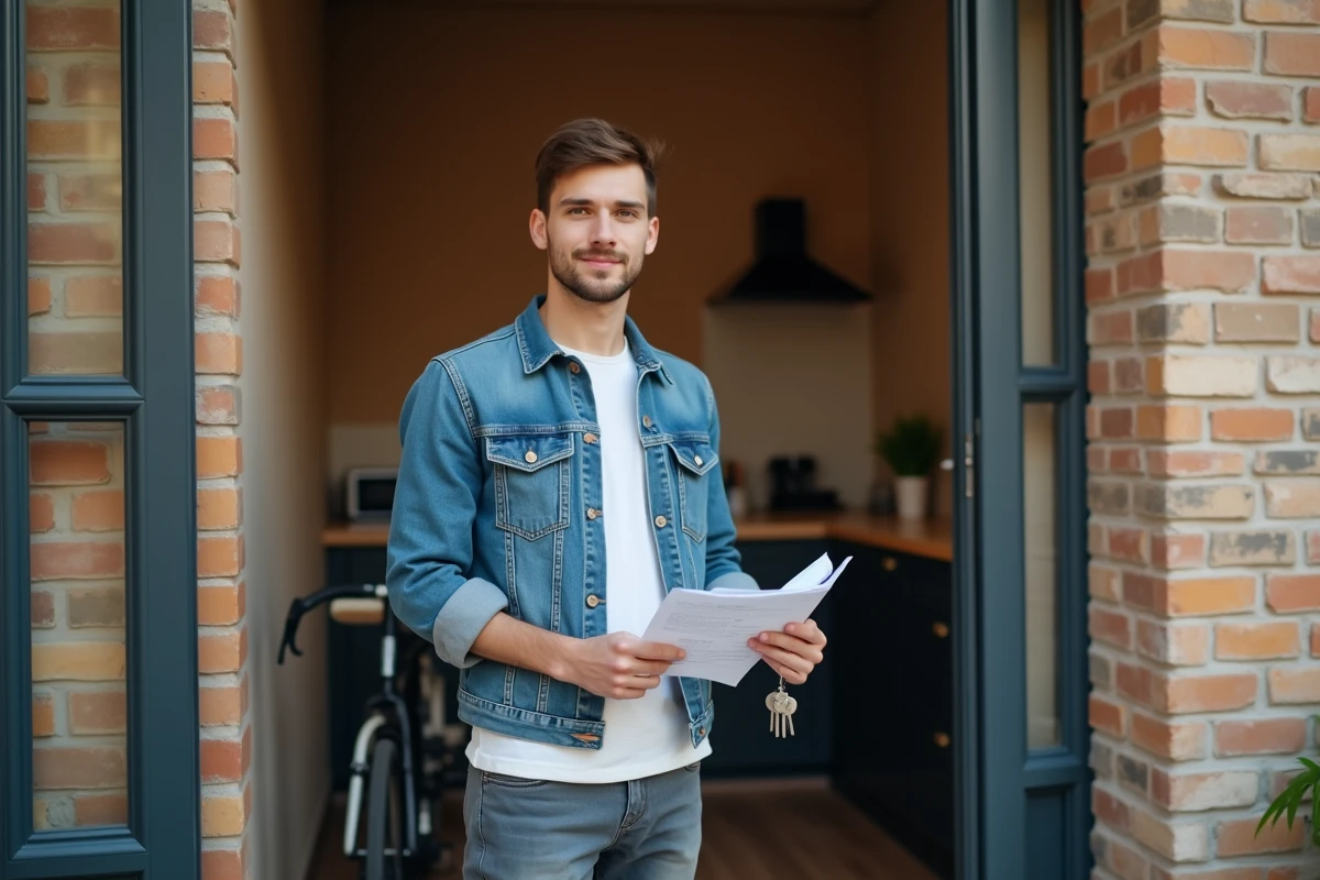 Jeune homme avec papiers et clés dans un studio urbain