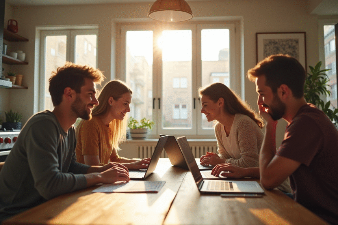 Jeunes adultes discutant autour d'une table de cuisine moderne